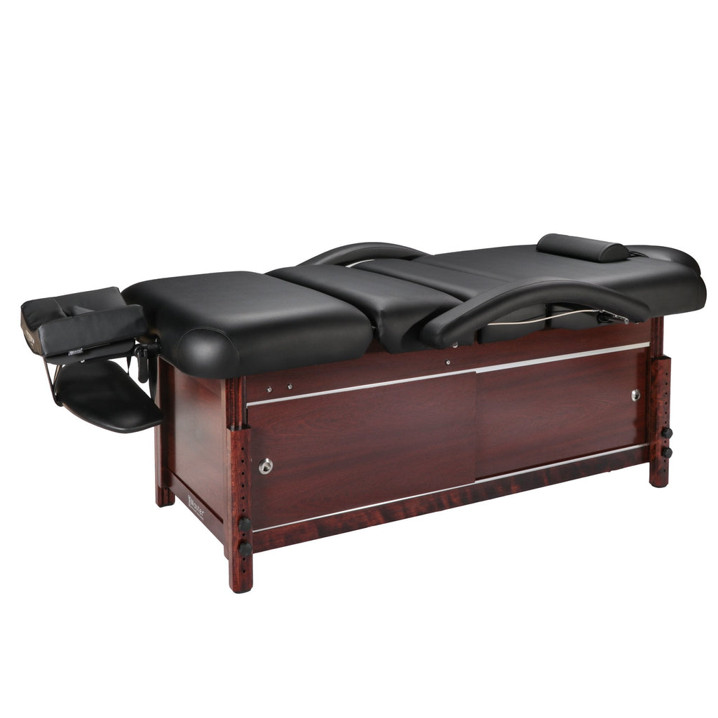 Master Massage 76cm Cabrillo vaste massagetafel spa salon schoonheidsbed met kast, pneumatische rugleuning en beensteun, zwart met walnootkleurige poten