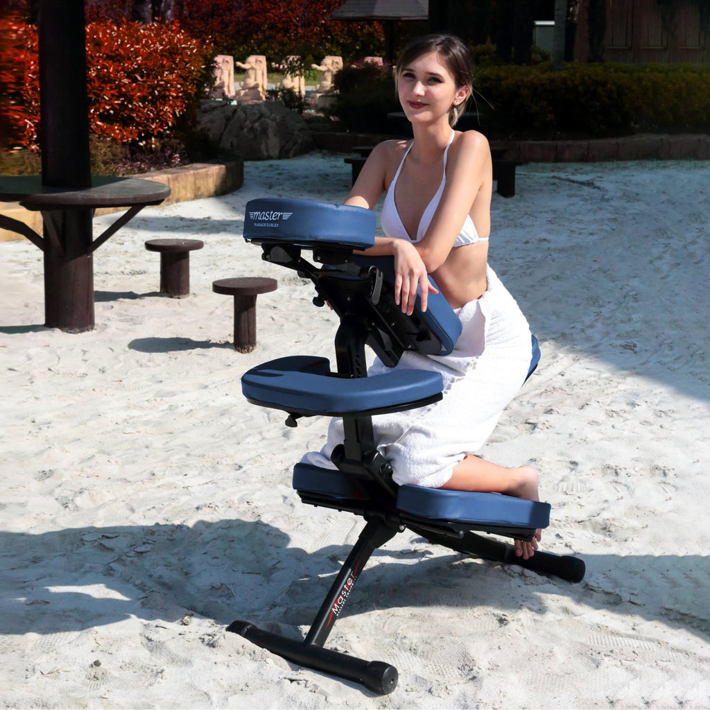 Master Massage Rio™ Opvouwbare mobiele massagestoel/therapiestoel van metaal, pakket met koffer - koningsblauw