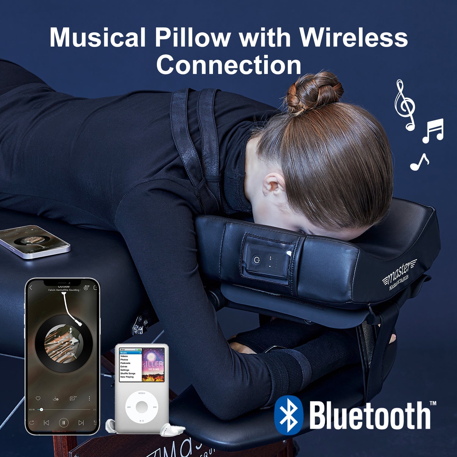 Master Massage ErgonomicDream MusicMaster gezichtskussen met neusuitsparing, hoofdkussen met traagschuim en hi-fi luidspreker, Bluetooth en AUX, voor massagetafel en massagebank