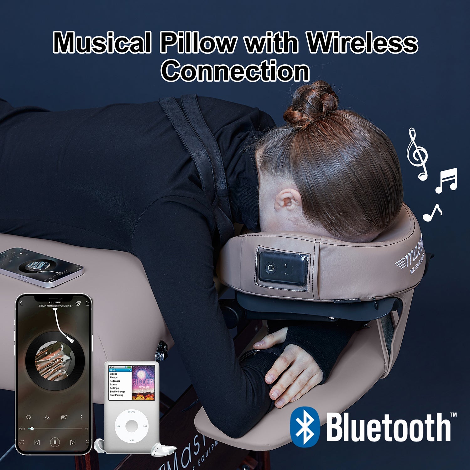 Master Massage Ultra Plush MusicMaster gezichtskussen neushoorn-hoofdkussen met traagschuim en hifi-luidspreker Bluetooth AUX voor massagetafel massagebank zwart
