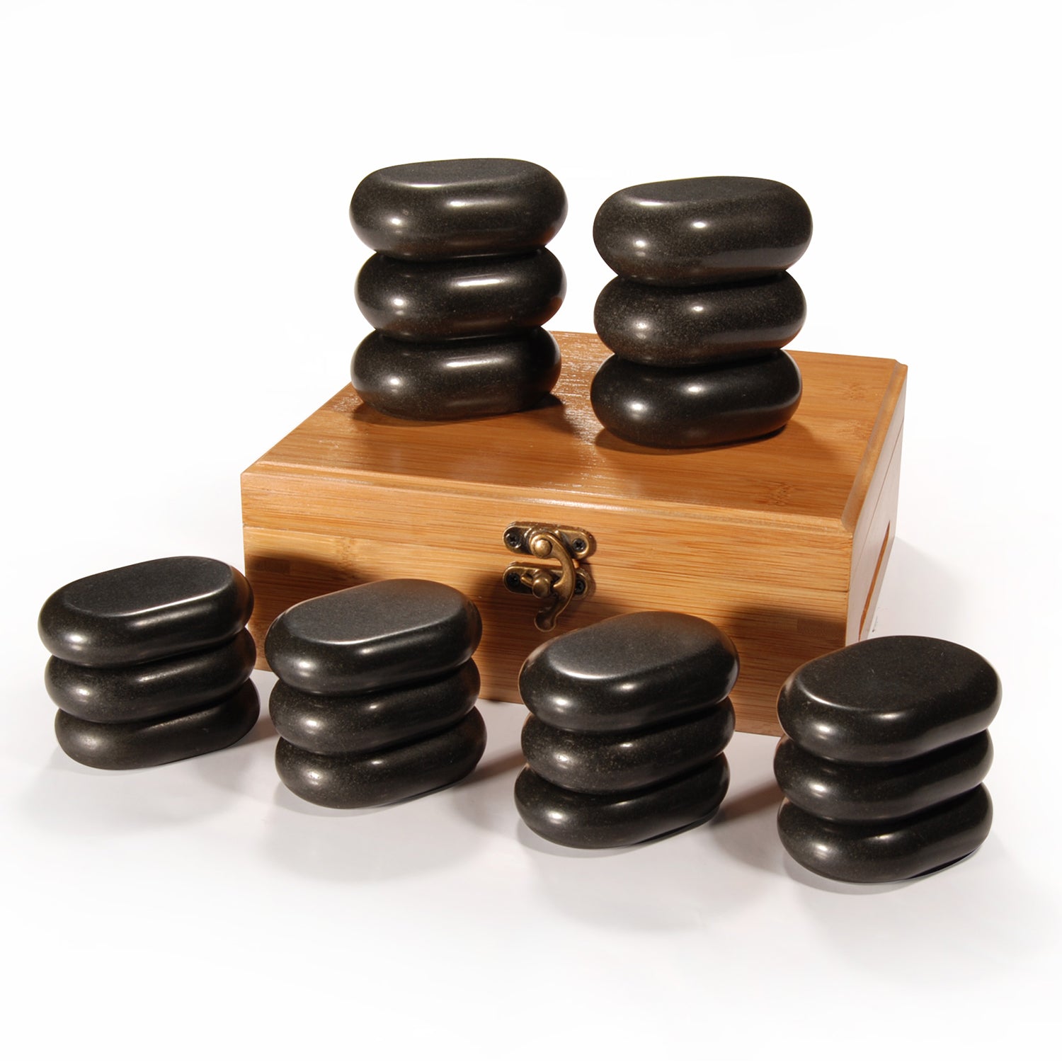 Master Massage 50 stuks luxe hotstone-set massagestenen van basaltsteen met elegante bamboekist