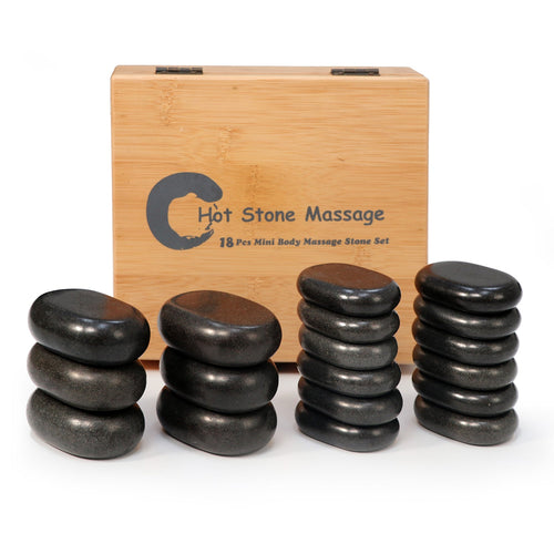 Master Massage 18-delige hotstone-set massagestenen van basaltsteen met elegante bamboekist