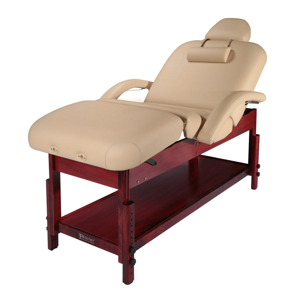 Master Massage 76cm Claudia stationaire massagetafel, spa- en salonschoonheidsbed met pneumatisch verstelbare rugleuning en beensteun, crème met mahoniehouten poten