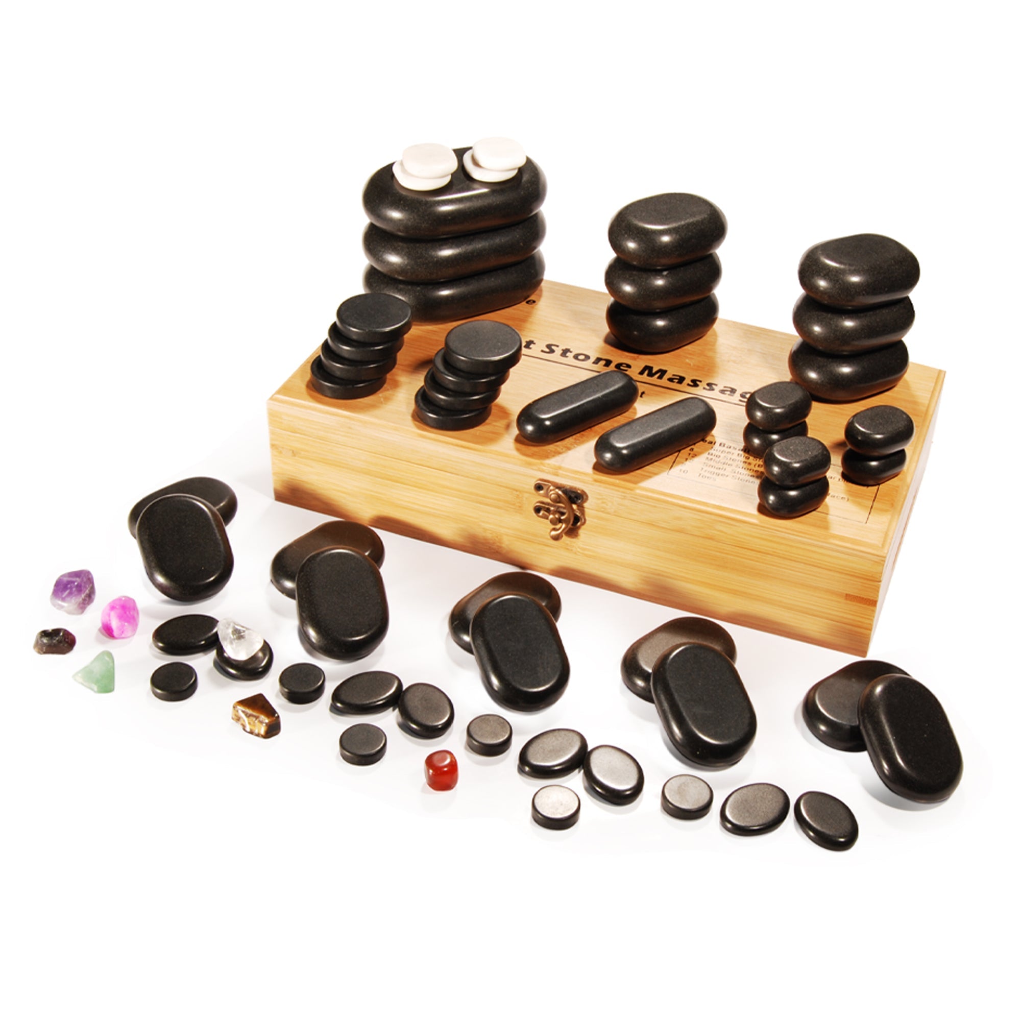 Master Massage 50 stuks luxe hotstone-set massagestenen van basaltsteen met elegante bamboekist