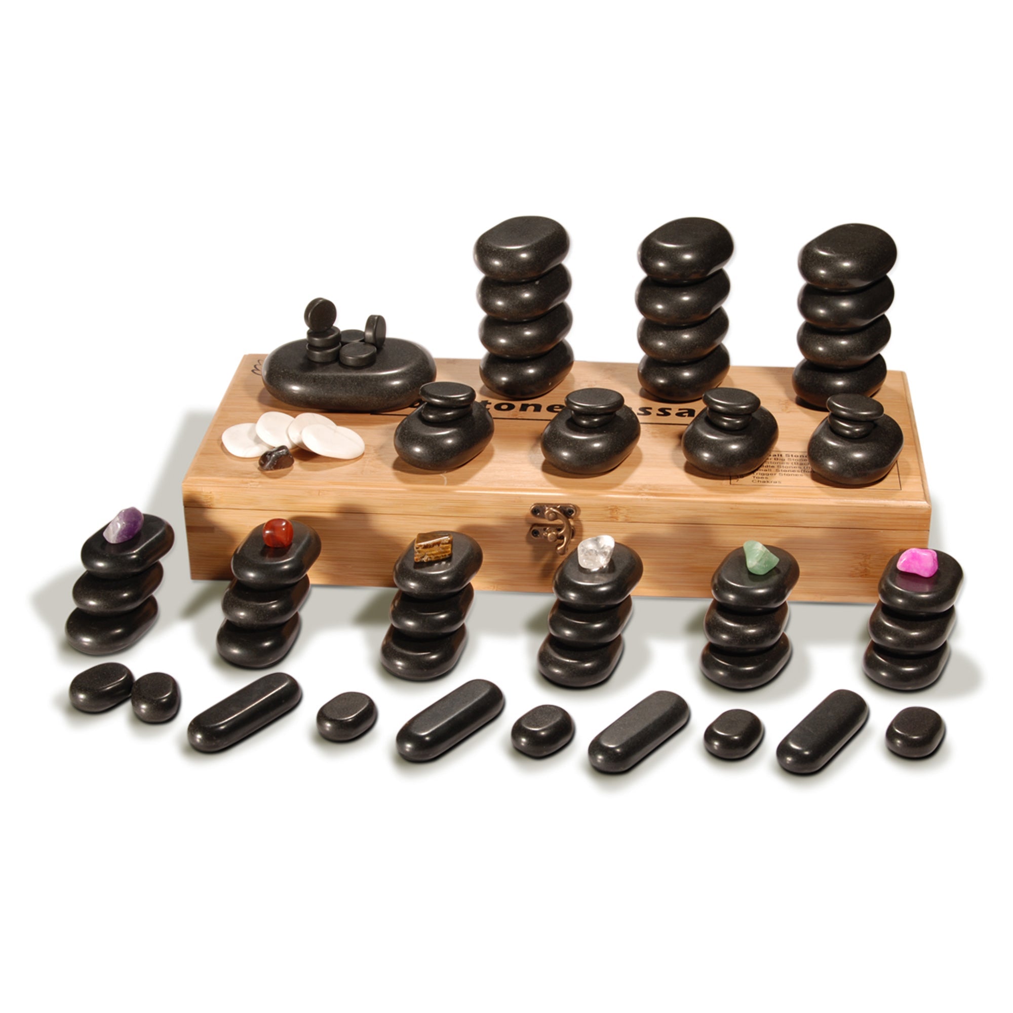 Master Massage luxe 60-delige hotstone-set massagestenen van basalt met 7 chakra-stenen in elegante bamboekist