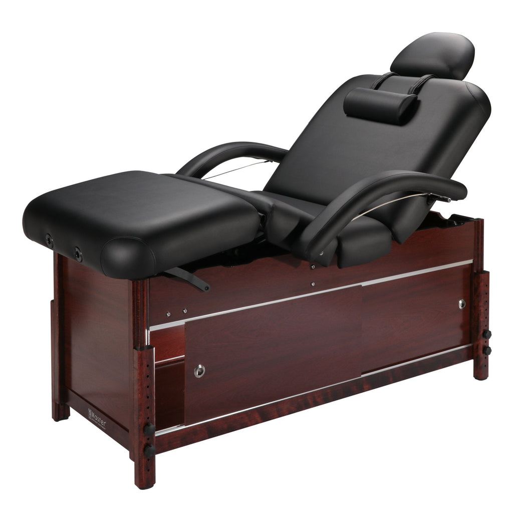 Master Massage 76cm Cabrillo vaste massagetafel spa salon schoonheidsbed met kast, pneumatische rugleuning en beensteun, zwart met walnootkleurige poten