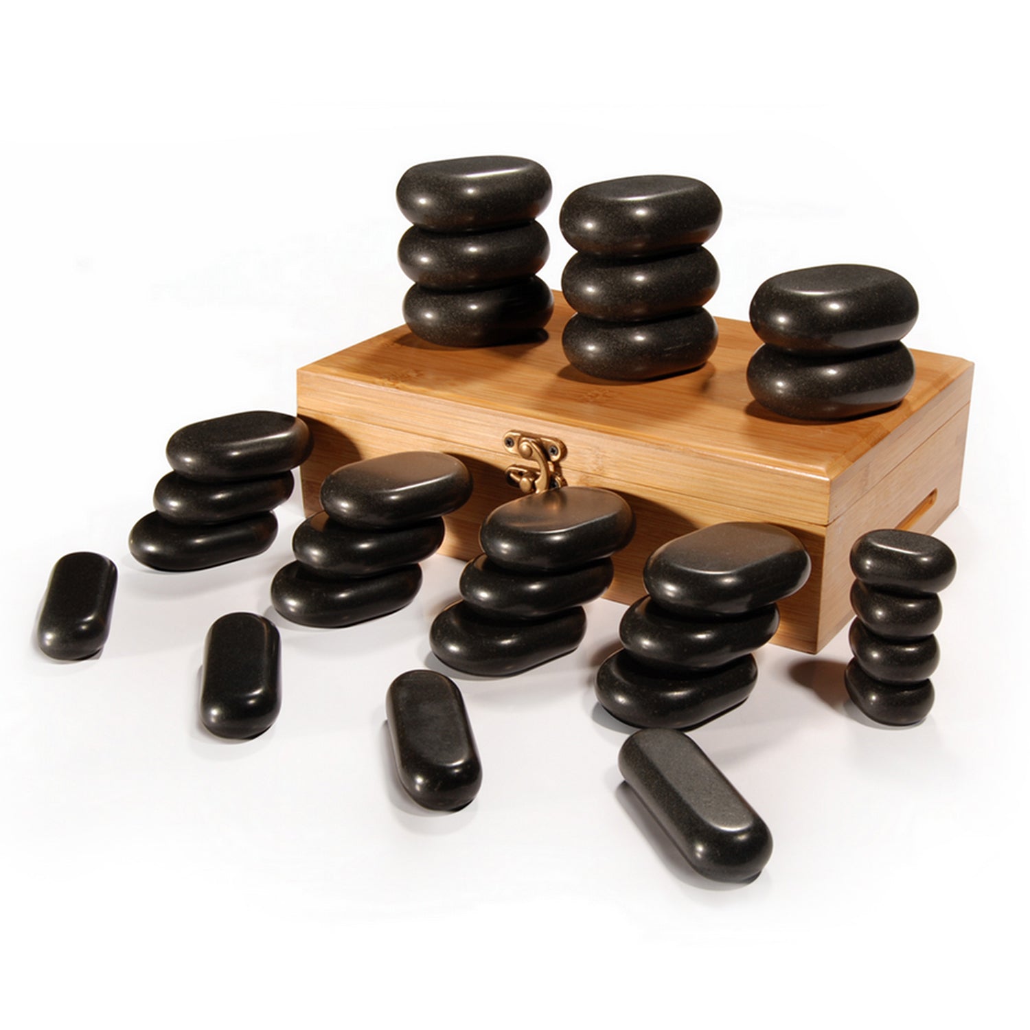 Master Massage luxe 60-delige hotstone-set massagestenen van basalt met 7 chakra-stenen in elegante bamboekist