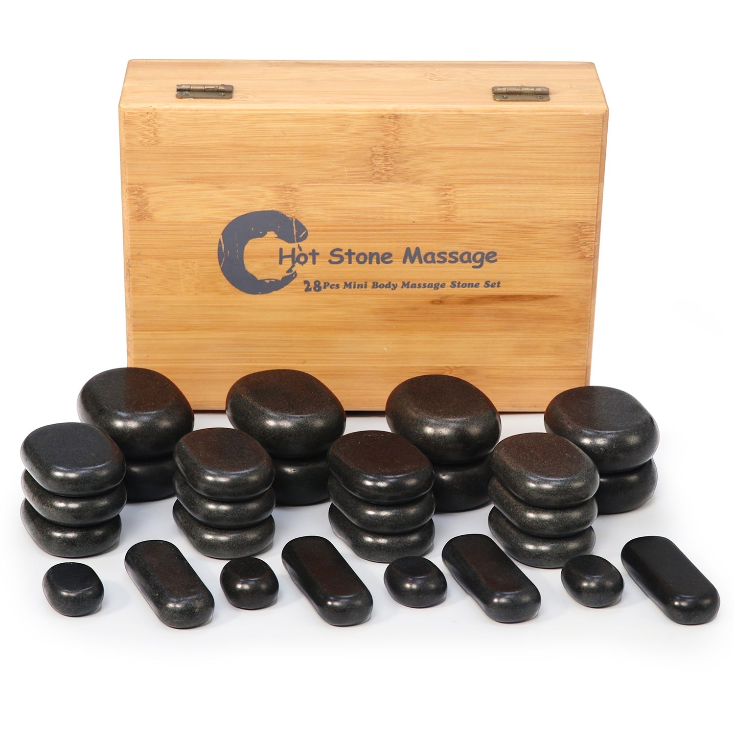 Master Massage hot stone-set met 28 massagestenen van 100% basaltsteen met elegante bamboekist
