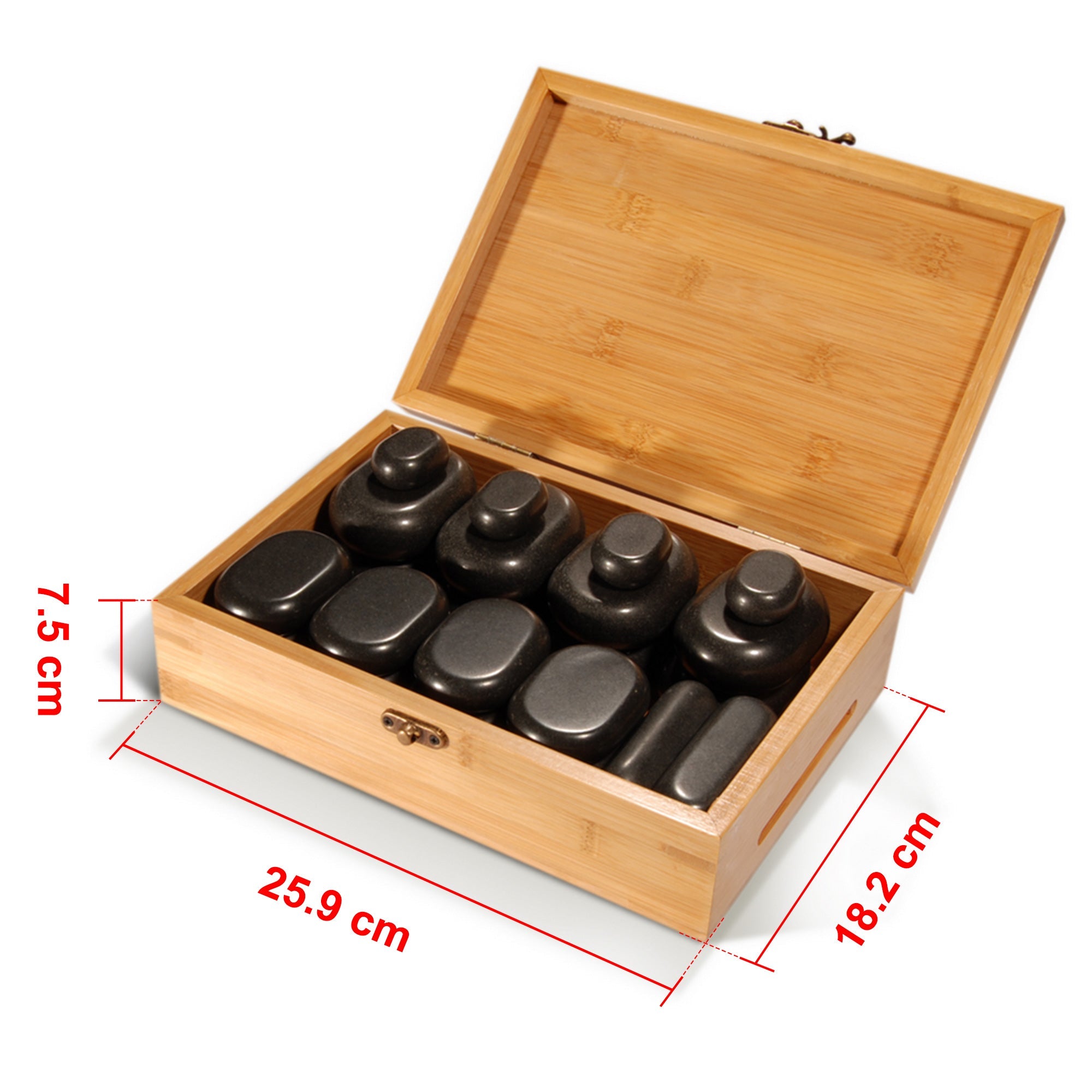 Master Massage hot stone-set met 28 massagestenen van 100% basaltsteen met elegante bamboekist
