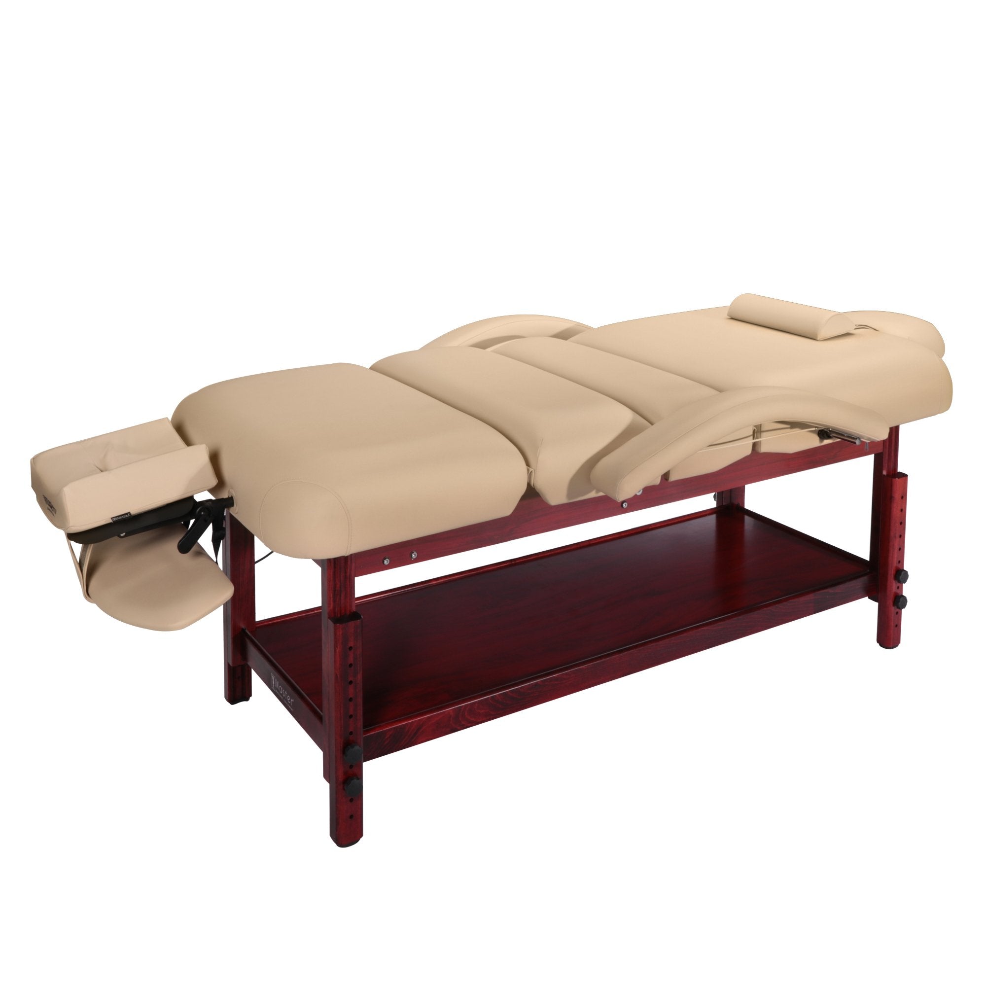 Master Massage 76cm Claudia stationaire massagetafel, spa- en salonschoonheidsbed met pneumatisch verstelbare rugleuning en beensteun, crème met mahoniehouten poten