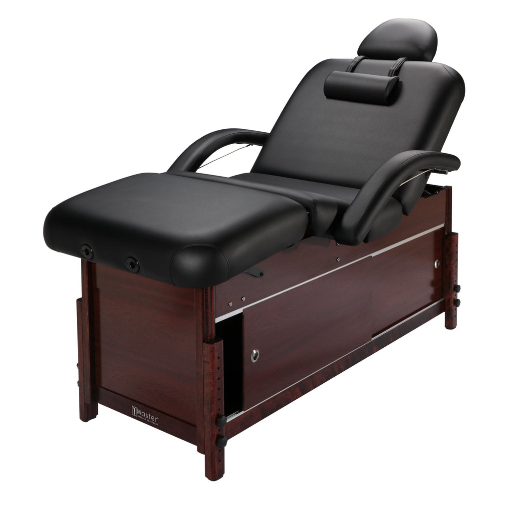 Master Massage 76cm Cabrillo vaste massagetafel spa salon schoonheidsbed met kast, pneumatische rugleuning en beensteun, zwart met walnootkleurige poten