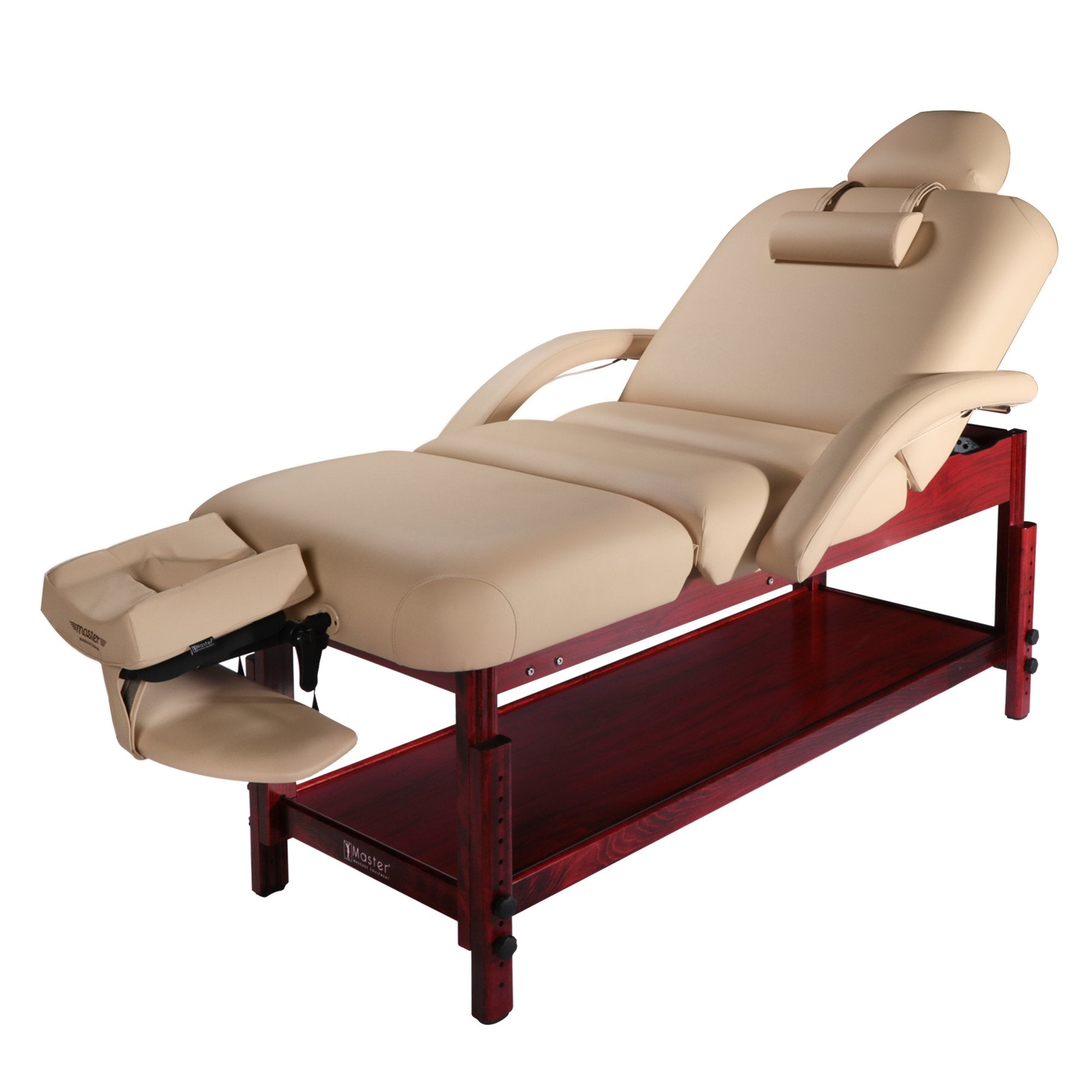 Master Massage 76cm Claudia stationaire massagetafel, spa- en salonschoonheidsbed met pneumatisch verstelbare rugleuning en beensteun, crème met mahoniehouten poten