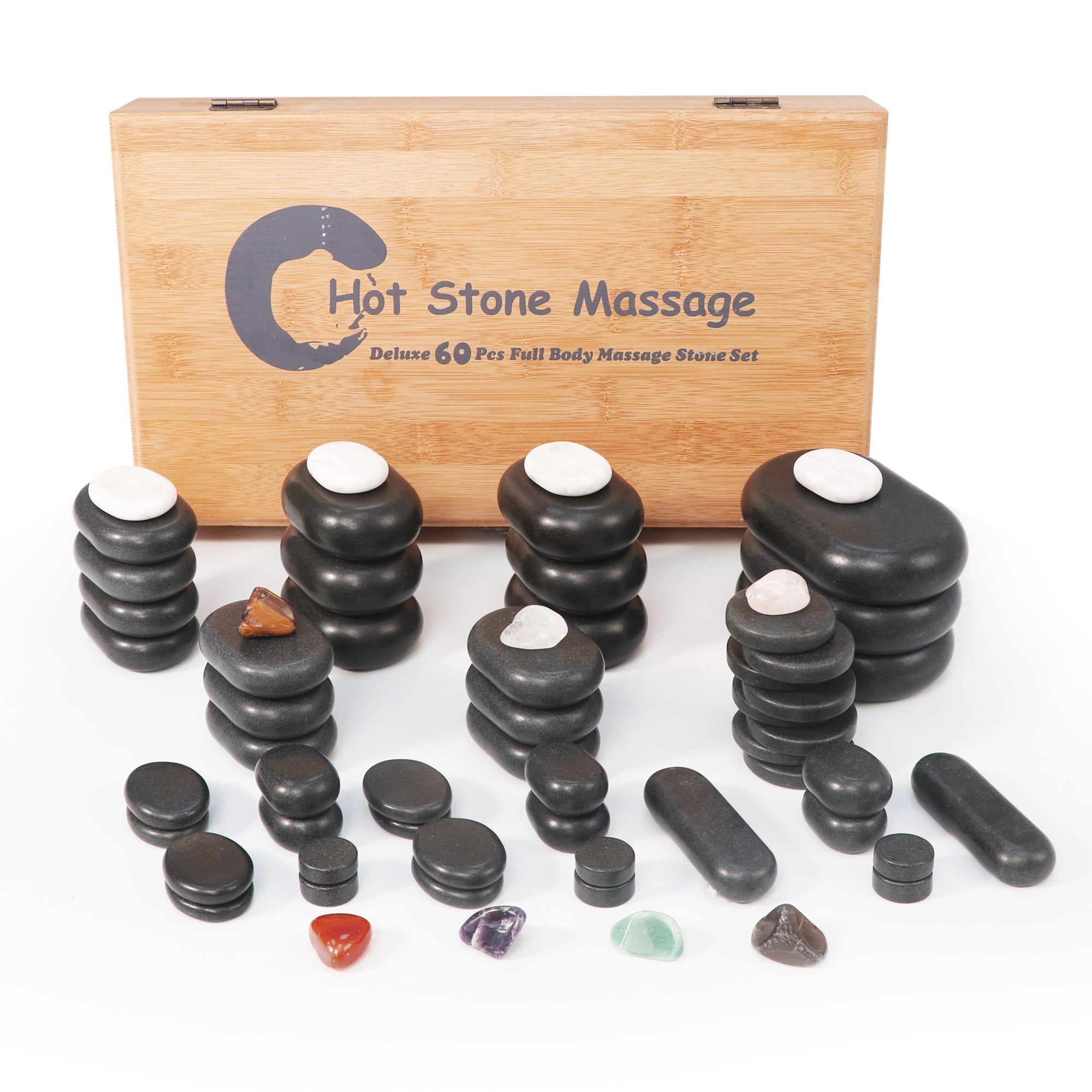 Master Massage luxe 60-delige hotstone-set massagestenen van basalt met 7 chakra-stenen in elegante bamboekist