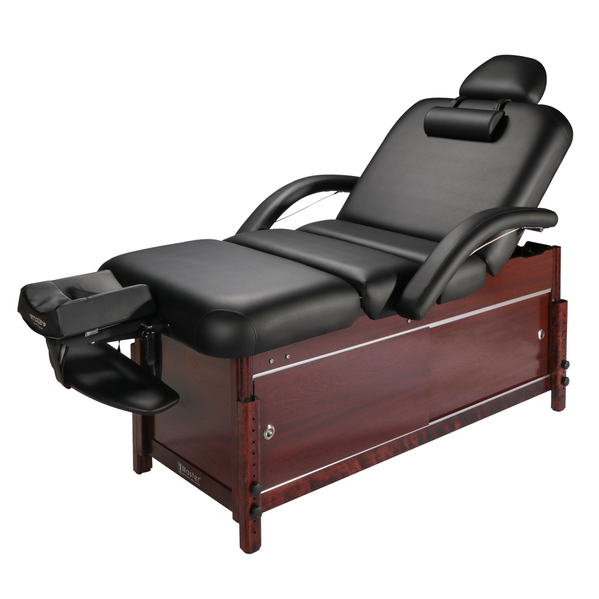 Master Massage 76cm Cabrillo vaste massagetafel spa salon schoonheidsbed met kast, pneumatische rugleuning en beensteun, zwart met walnootkleurige poten