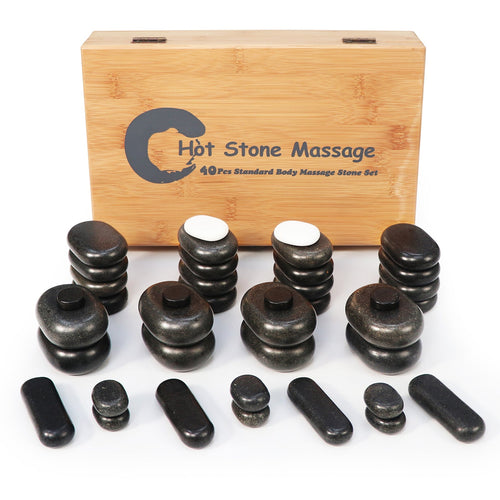 Master Massage 40-delige hotstone-set massagestenen van basaltsteen met elegante bamboekist