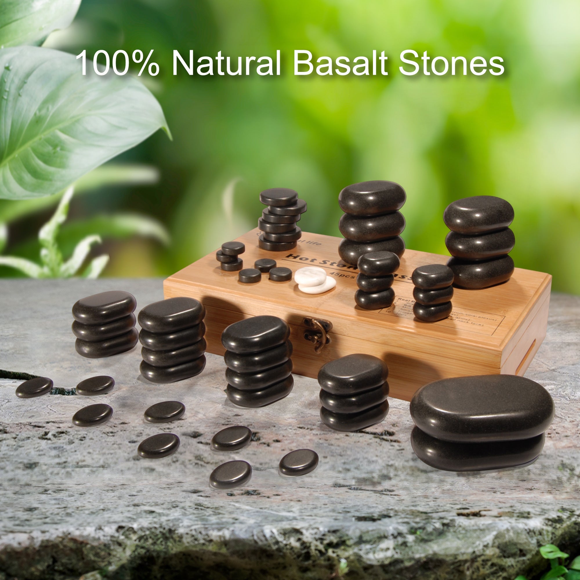 Master Massage 50 stuks luxe hotstone-set massagestenen van basaltsteen met elegante bamboekist