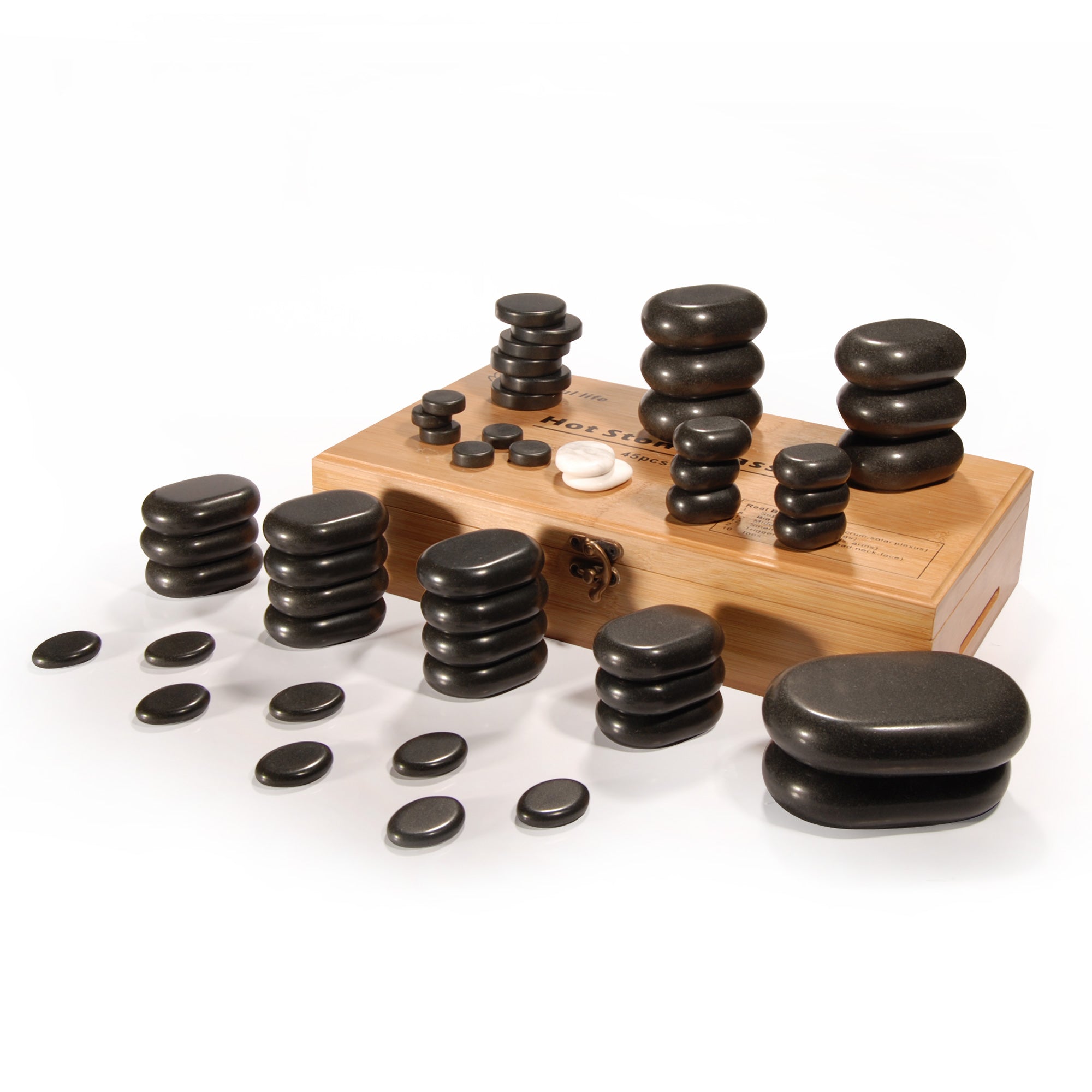 Master Massage luxe 60-delige hotstone-set massagestenen van basalt met 7 chakra-stenen in elegante bamboekist