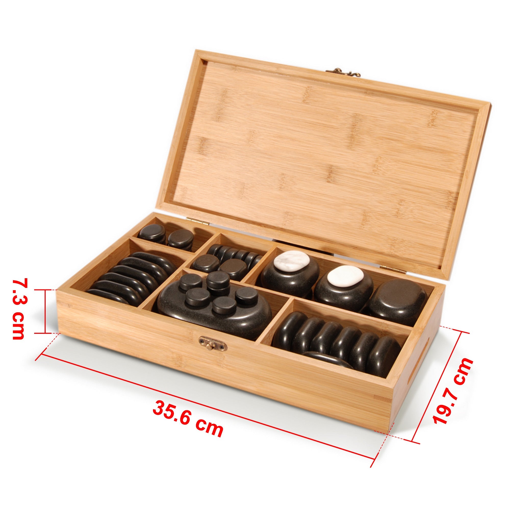 Master Massage 50 stuks luxe hotstone-set massagestenen van basaltsteen met elegante bamboekist