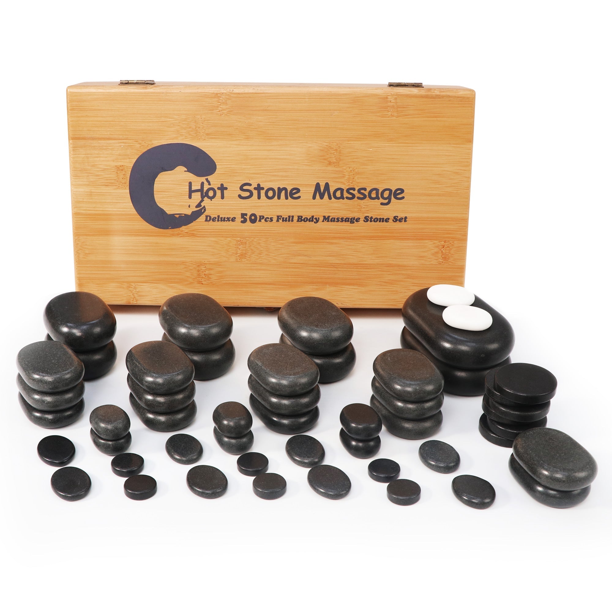 Master Massage 50 stuks luxe hotstone-set massagestenen van basaltsteen met elegante bamboekist