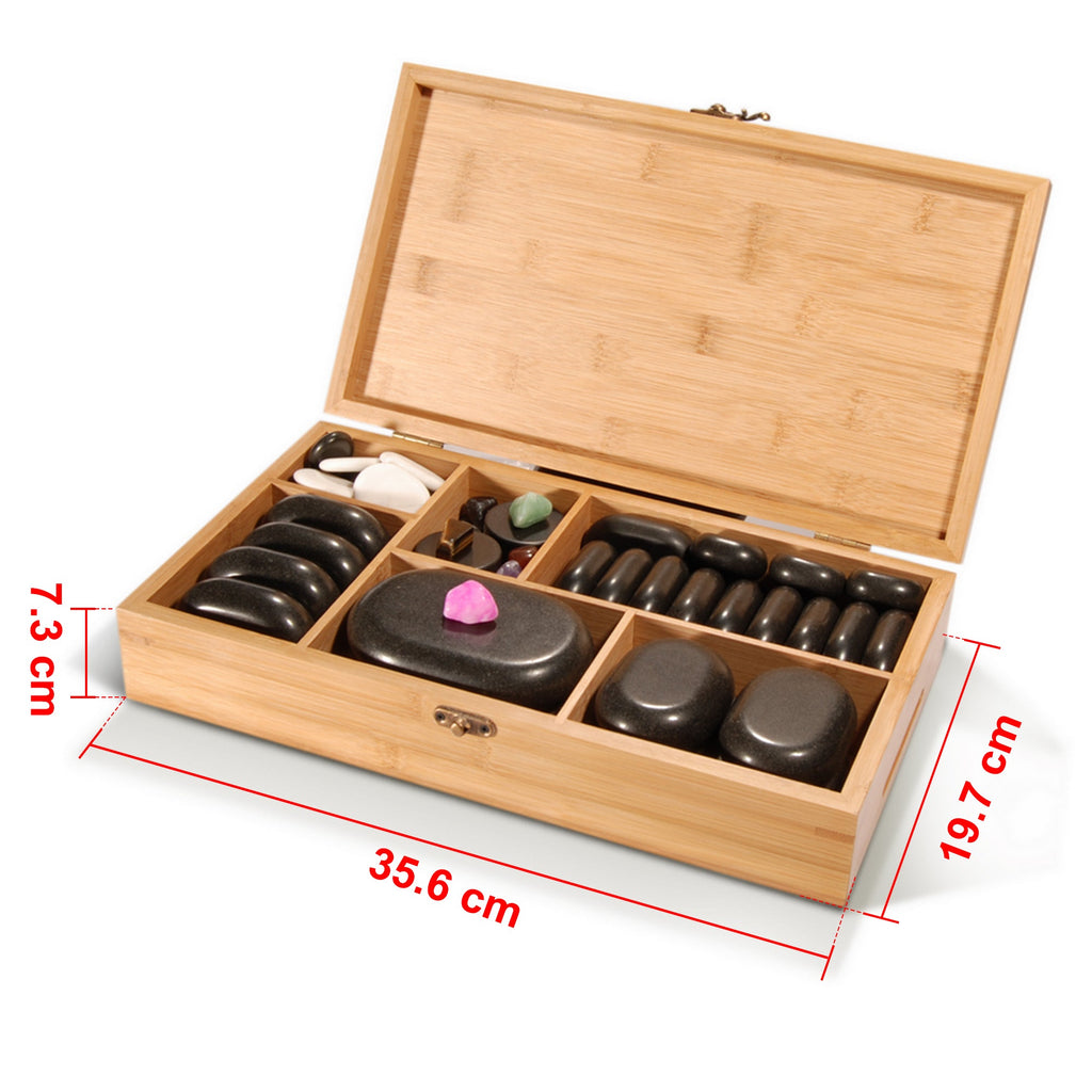 Master Massage luxe 60-delige hotstone-set massagestenen van basalt met 7 chakra-stenen in elegante bamboekist
