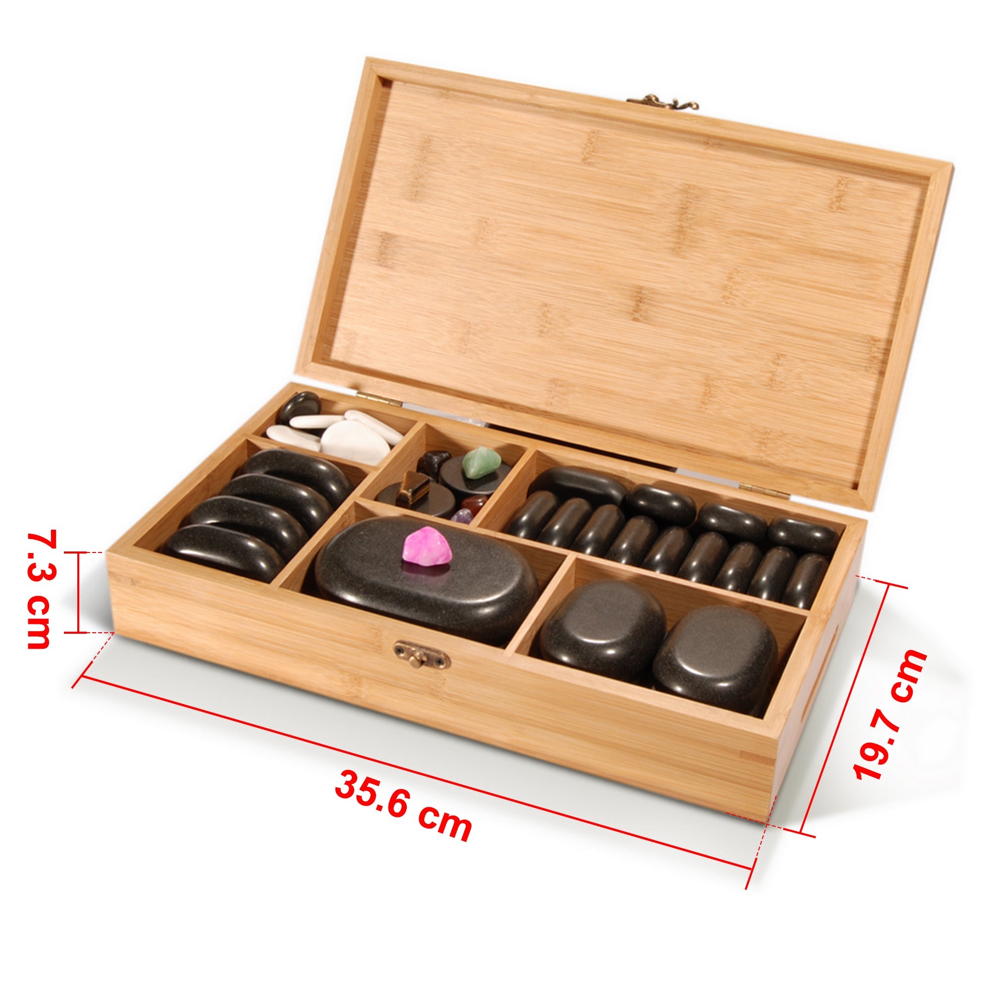 Master Massage luxe 60-delige hotstone-set massagestenen van basalt met 7 chakra-stenen in elegante bamboekist