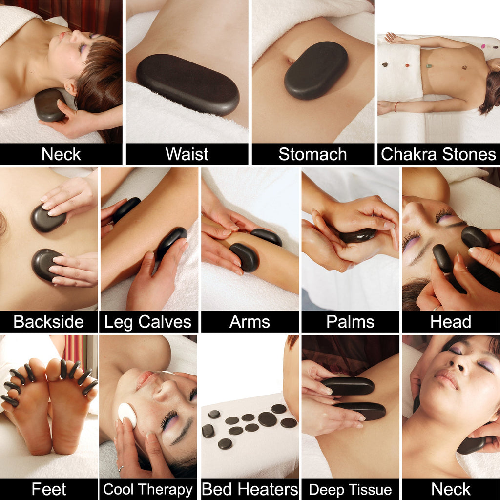 Master Massage luxe 60-delige hotstone-set massagestenen van basalt met 7 chakra-stenen in elegante bamboekist