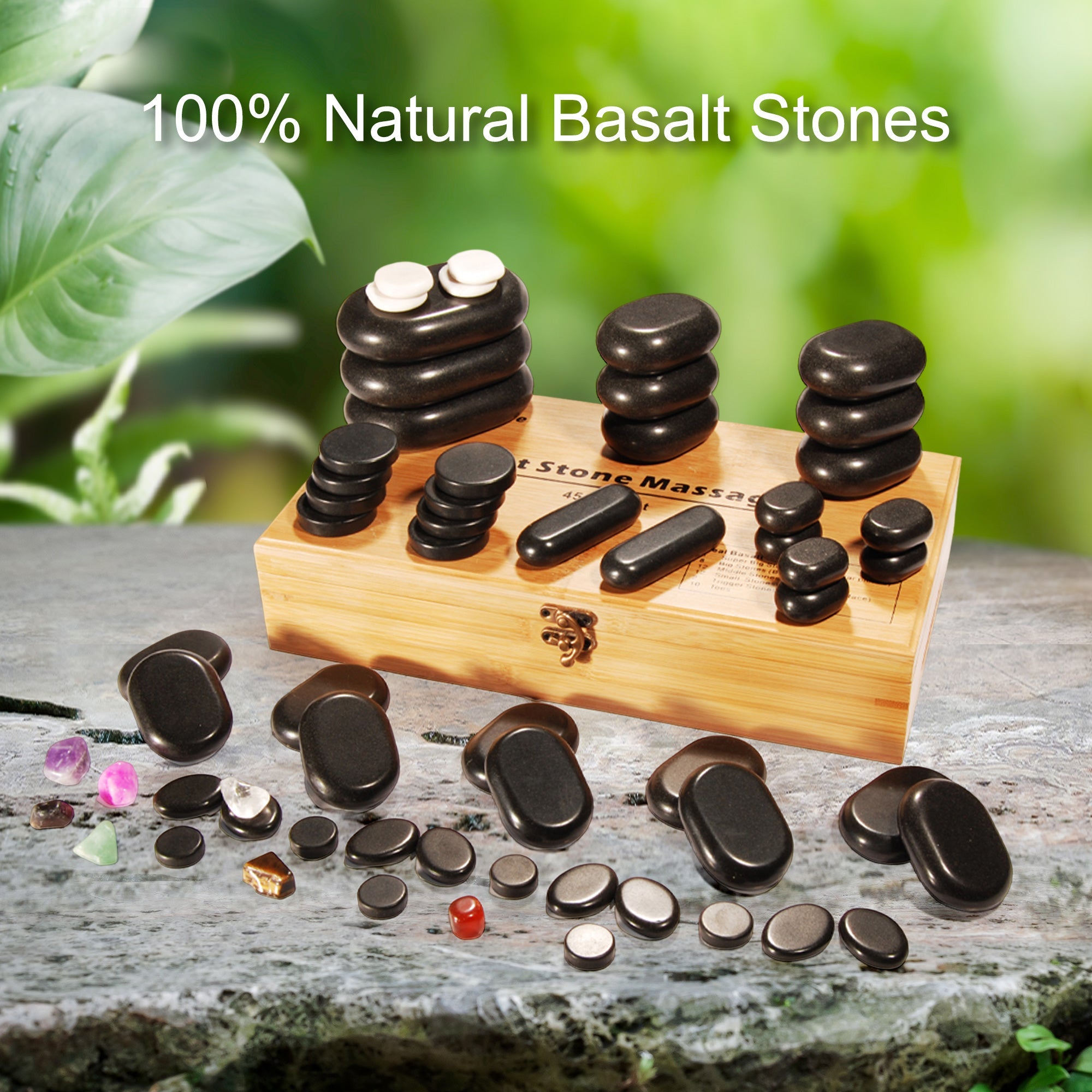 Master Massage luxe 60-delige hotstone-set massagestenen van basalt met 7 chakra-stenen in elegante bamboekist