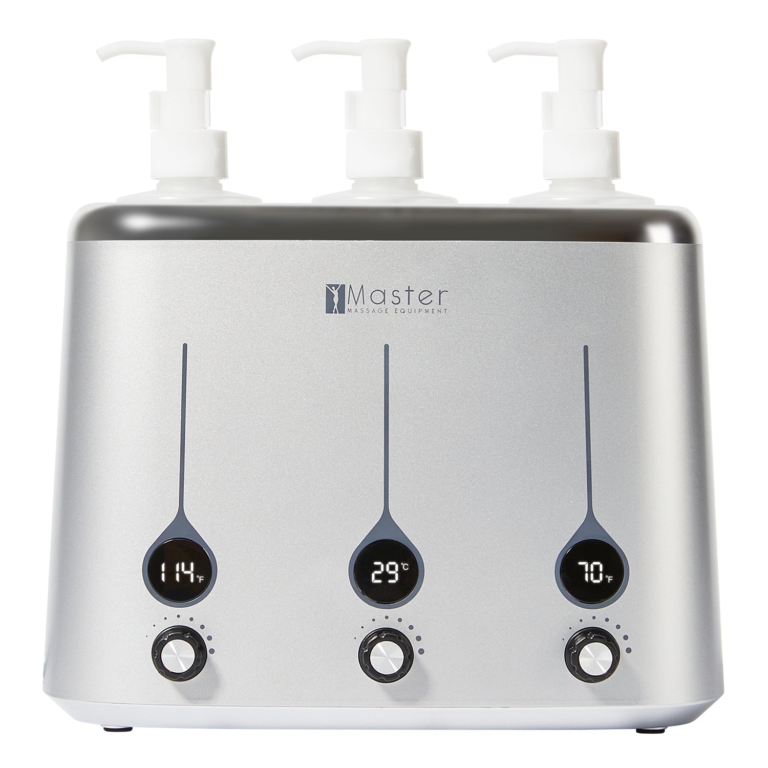 Master Massage Gen-II verwarmer voor 3 olieflessen met temperatuurregelaar en leddisplay voor massageolie en lotion, incl. 3 x dispenserfles