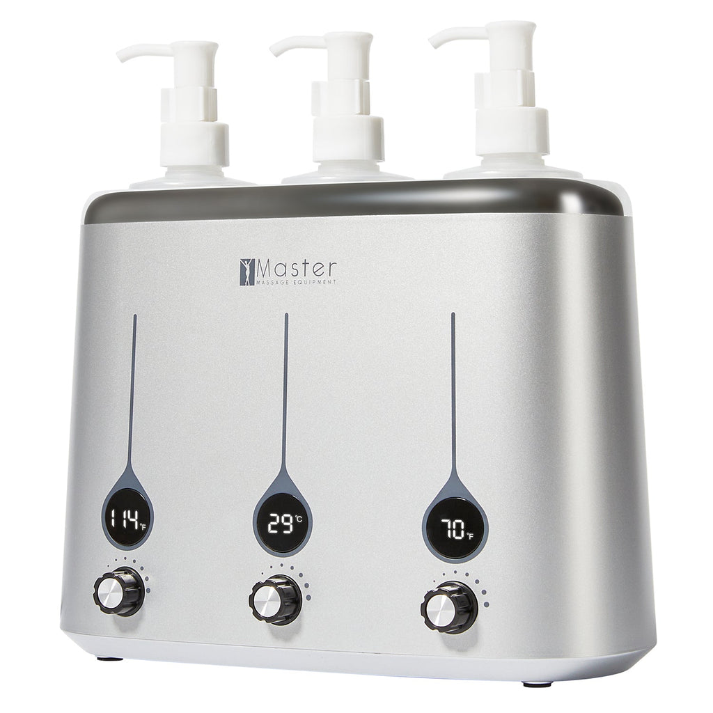 Master Massage Gen-II verwarmer voor 3 olieflessen met temperatuurregelaar en leddisplay voor massageolie en lotion, incl. 3 x dispenserfles