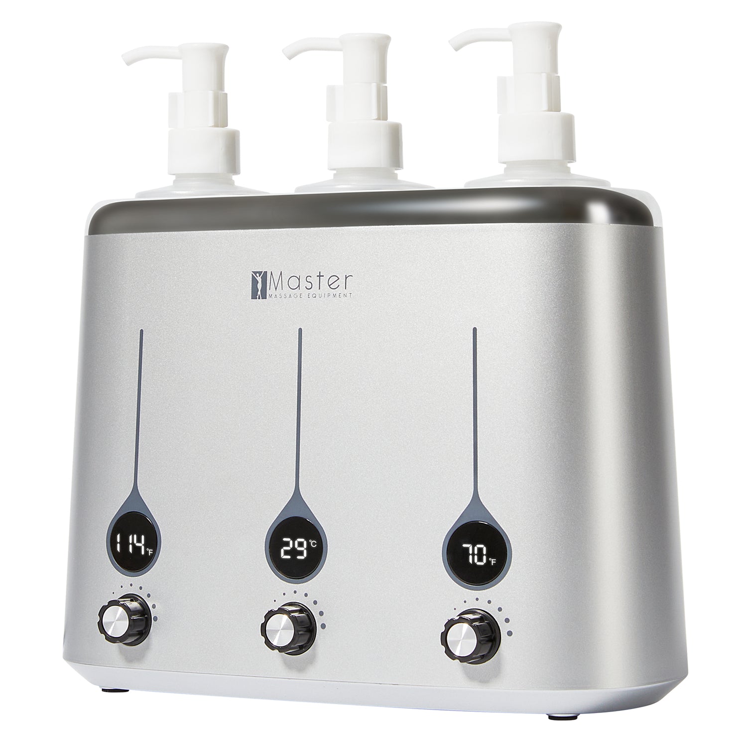 Master Massage Gen-II verwarmer voor 3 olieflessen met temperatuurregelaar en leddisplay voor massageolie en lotion, incl. 3 x dispenserfles