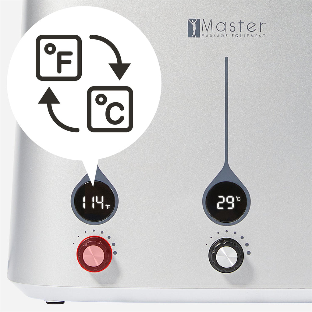 Master Massage Gen-II verwarmer voor 3 olieflessen met temperatuurregelaar en leddisplay voor massageolie en lotion, incl. 3 x dispenserfles
