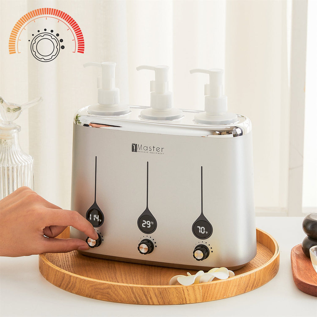 Master Massage Gen-II verwarmer voor 3 olieflessen met temperatuurregelaar en leddisplay voor massageolie en lotion, incl. 3 x dispenserfles