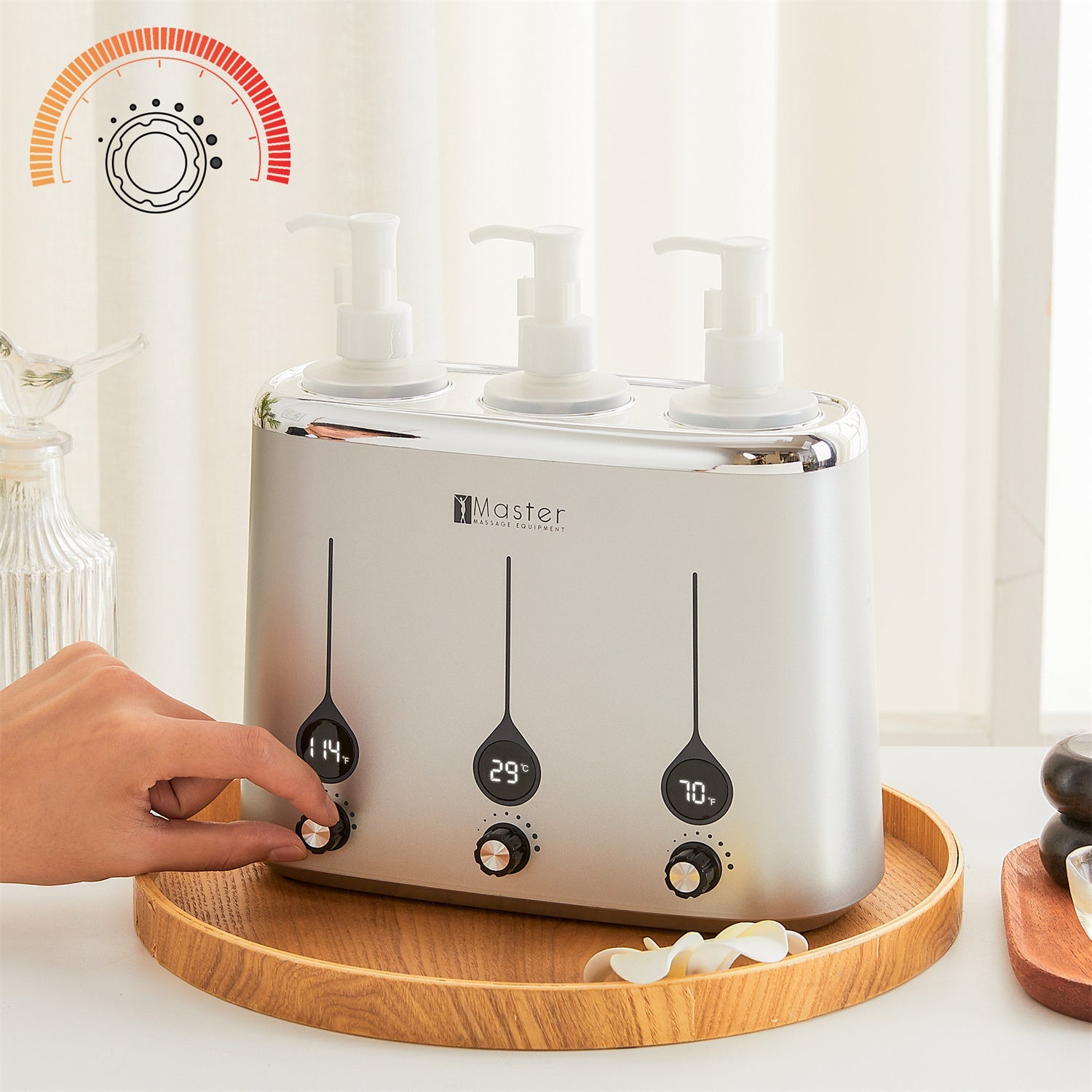Master Massage Gen-II verwarmer voor 3 olieflessen met temperatuurregelaar en leddisplay voor massageolie en lotion, incl. 3 x dispenserfles
