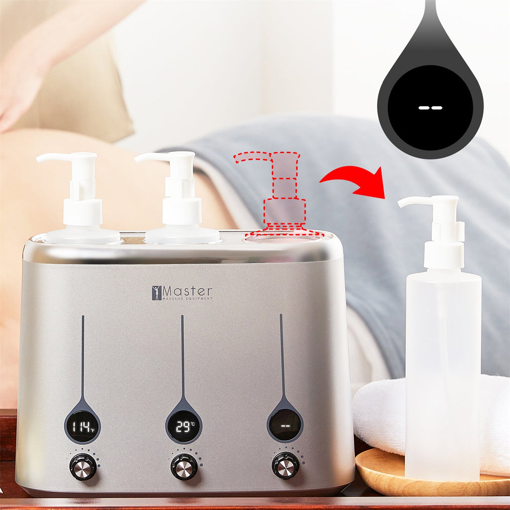Master Massage Gen-II verwarmer voor 3 olieflessen met temperatuurregelaar en leddisplay voor massageolie en lotion, incl. 3 x dispenserfles
