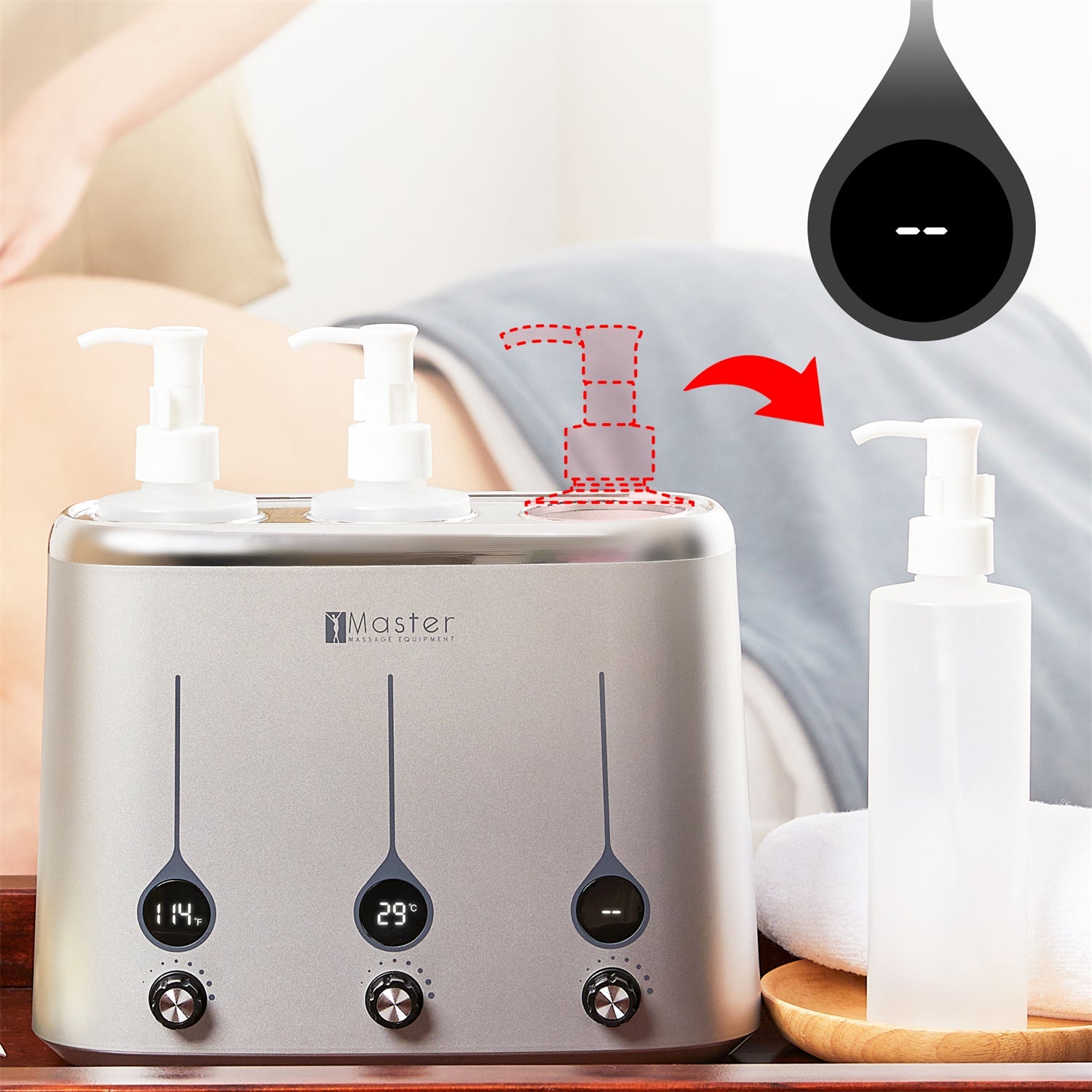Master Massage Gen-II verwarmer voor 3 olieflessen met temperatuurregelaar en leddisplay voor massageolie en lotion, incl. 3 x dispenserfles