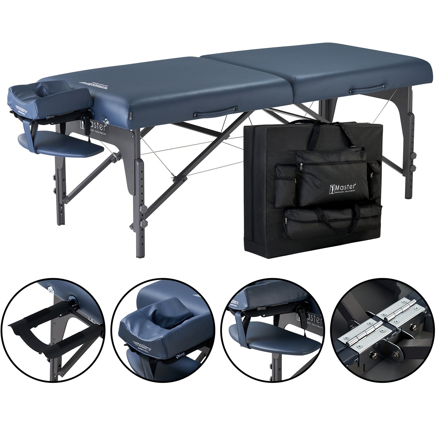 Master Massage Montclair™ mobiele massagetafel met sfeerverlichtingspakket, traagschuim en inklapbaar houten frame - koningsblauw